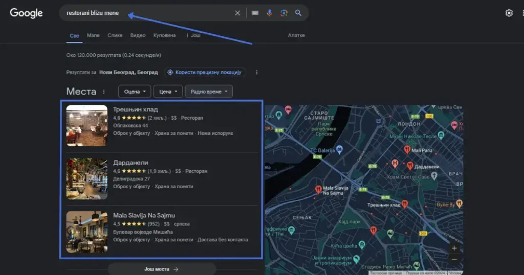 Prikaz lokalne SEO pretrage za restorane u blizini na Anevem.rs sajtu