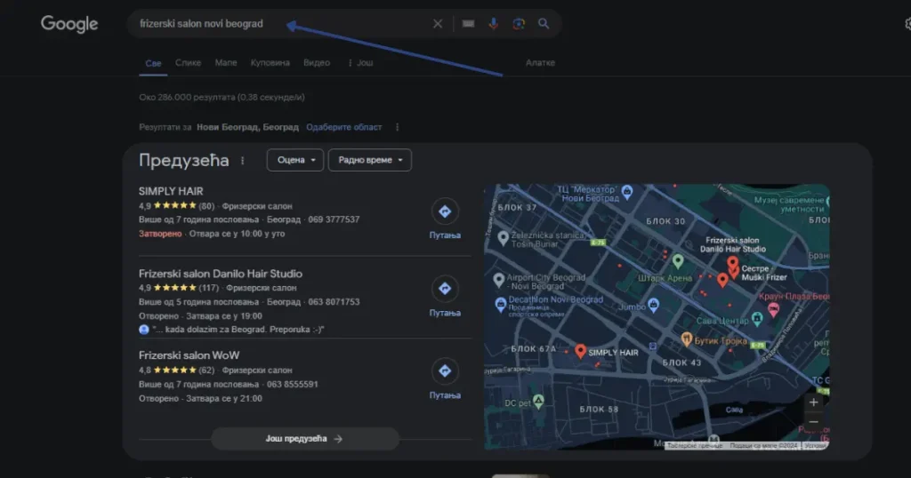 Prikaz lokalne SEO pretrage za frizerske salone u blizini na Anevem.rs sajtu